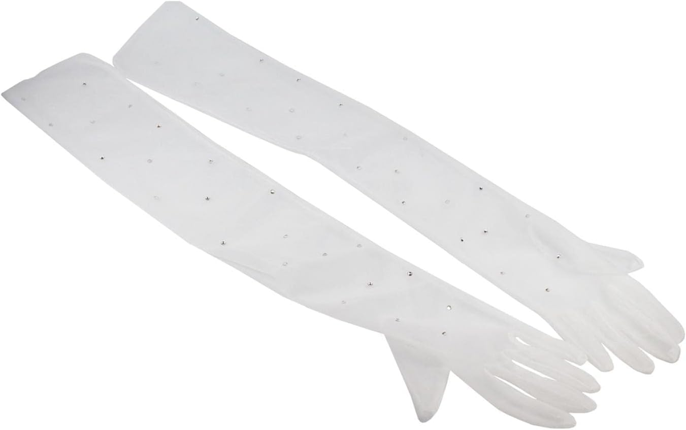 Generic Tulle Bridal Gloves Long Gloves Mesh Opera Gloves with Rhinestones Elegant Elbow Length for Evening Party Wedding Prom Costume Gloves White image number 5