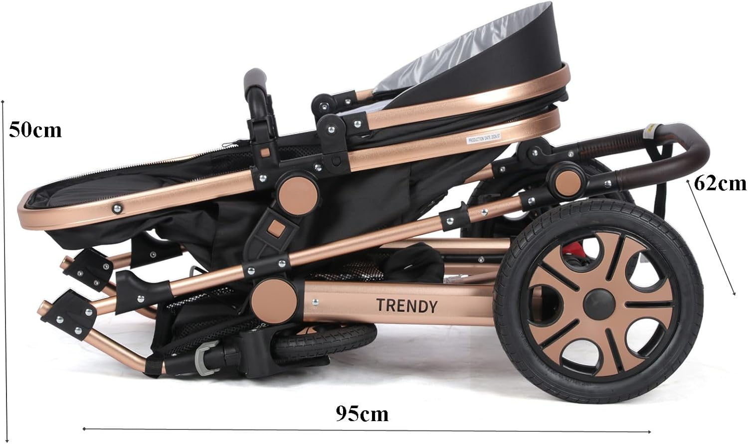 Mama Kiddies Trendy Black Gold Convertible 2In1 Aluminium Alloy Pram Stroller Bassinet Rain Cover, Foot Cover, Cup Holder, Inner Cushion, Mosquito Net Included image number 3