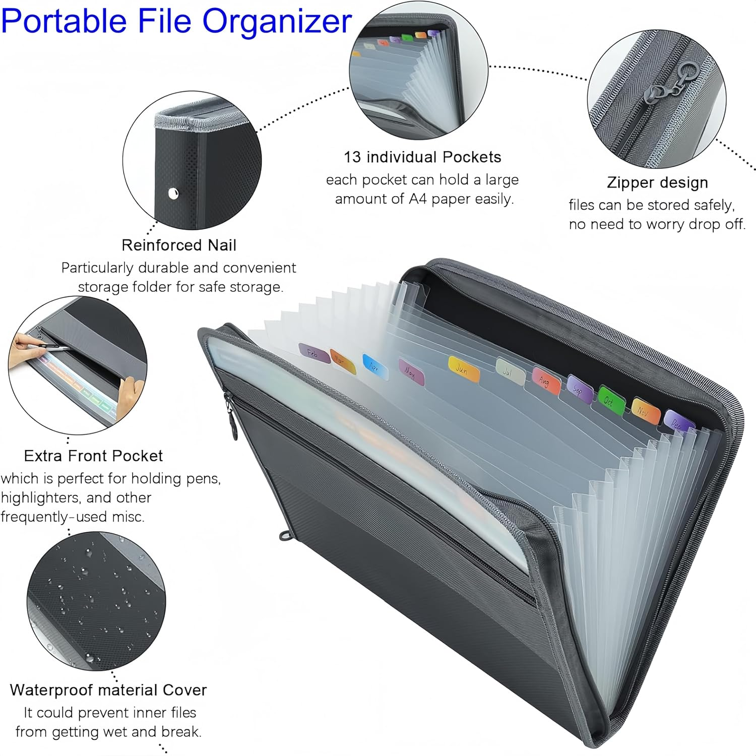 File Organiser Expanding File A4 Binder Display Folder Document Holder Office Supplies 13 Pockets Document Organizer with Zipper Document Wallet with 24Pcs Multicolor Labels image number 6