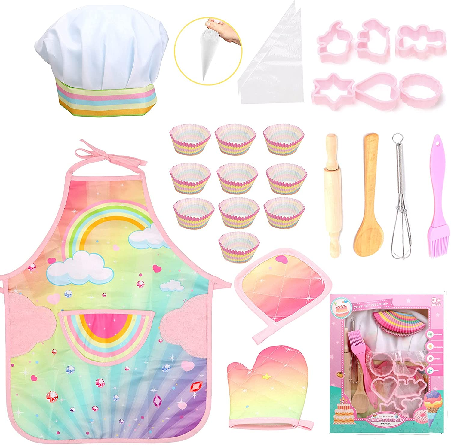 Real Kids Cooking and Baking Set - 26 Pcs Kids Chef Role Play Costume Set Includes Rainbow Apron, Chef Hat, Cooking Mitt, Utensils, Cupcake Molds for Toddler Boys and Girls Ages 3+ image number 1