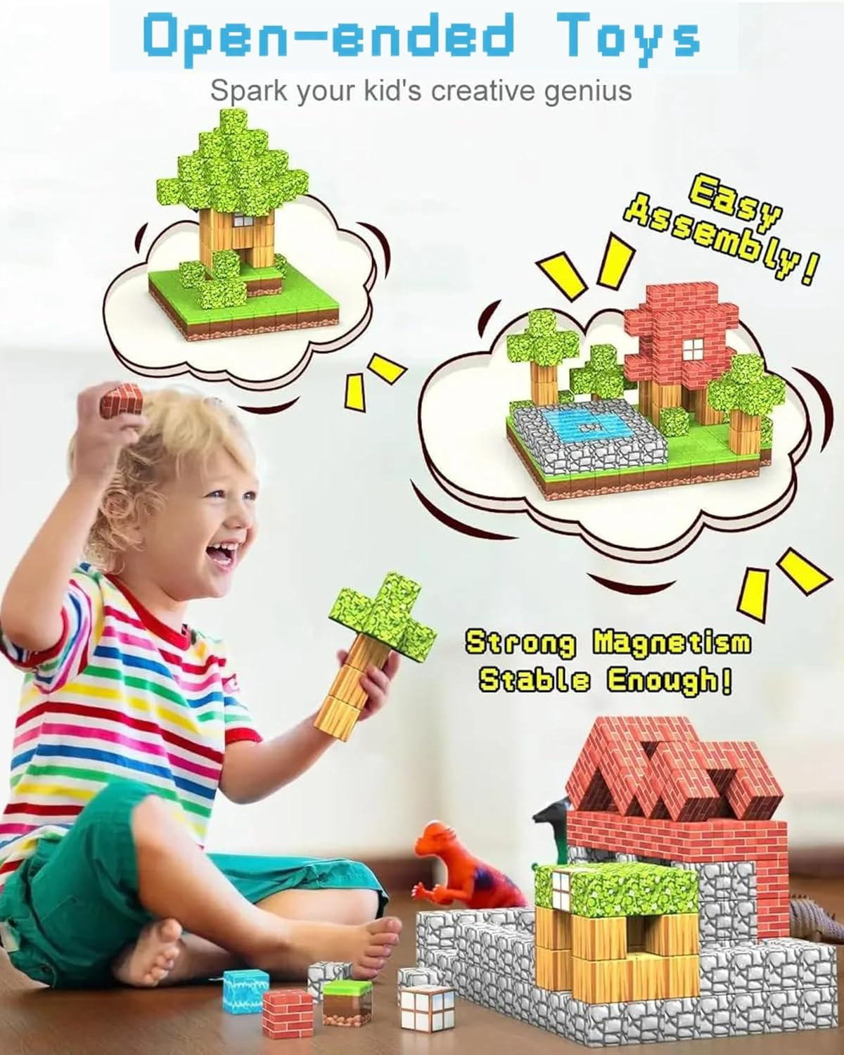 Magnetic Building Blocks,100Pcs Build Forest & Mine Adventure Magnet World, Construction Cubes with Multiple Patterns for Creative, STEM Montessori Sensory Stacking Toy Gifts for Kids