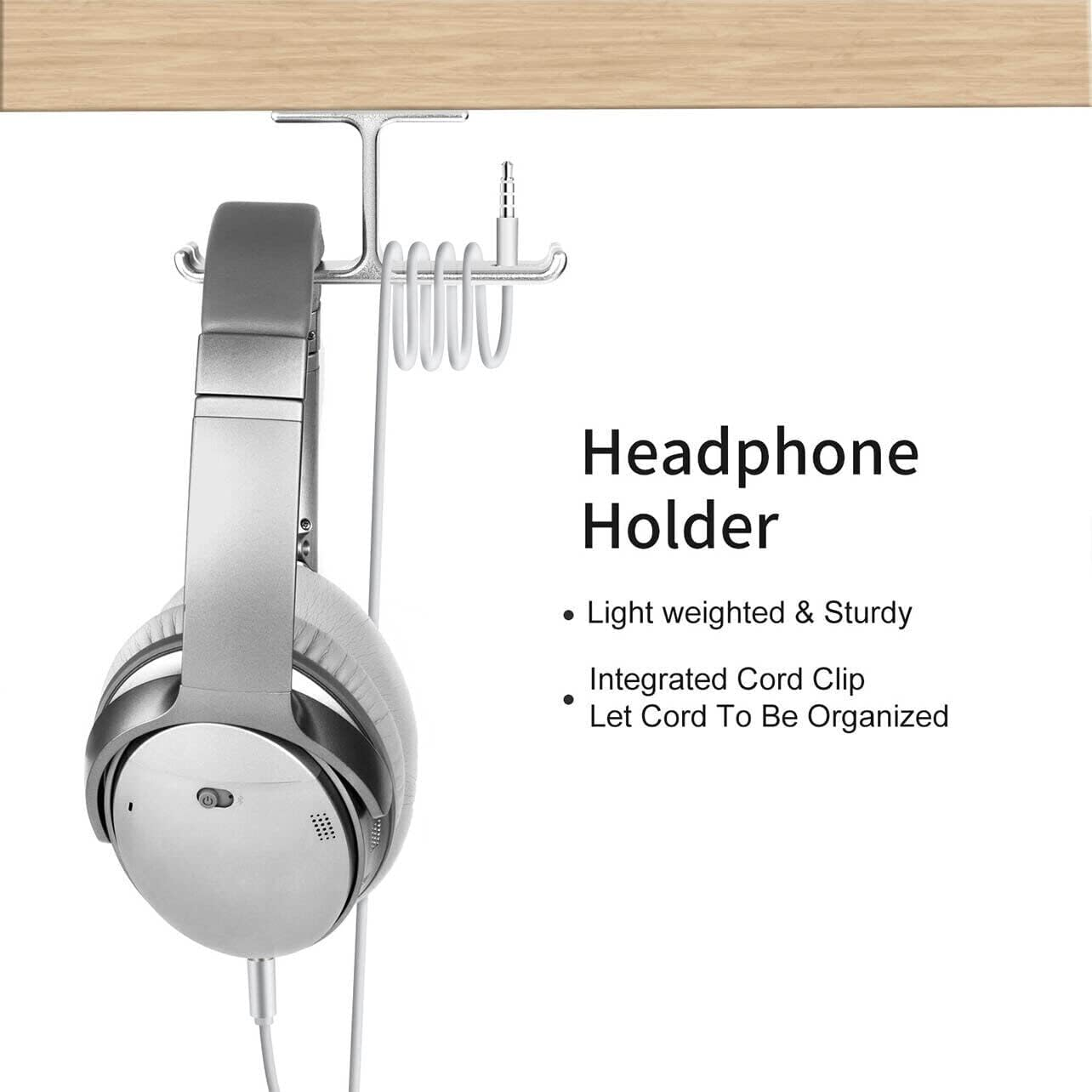 AIMALL Universal DJ Headphone Hanger Hook - Dual Headset Mount Holder under Desk with Cable Organizer, Sturdy Aluminum Alloy, Easy Installation - Silver image number 3