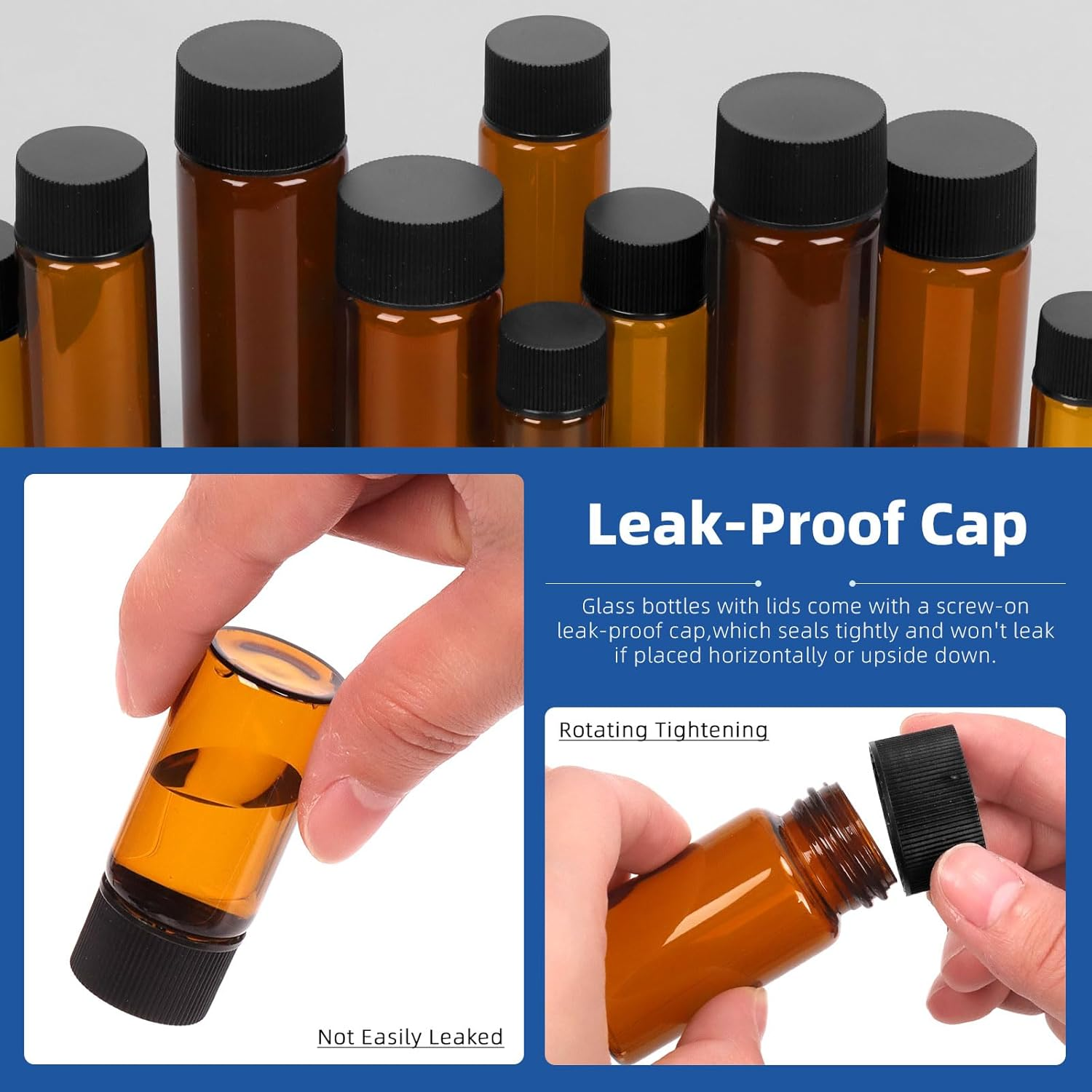 Glarks 38Pcs 5ML 10ML 15ML 20ML 30ML Brown Glass Vials with Black Screw Caps, Small Liquid Sample Vial, Leak-Proof Vial with Dropper and Small Funnel Set image number 5