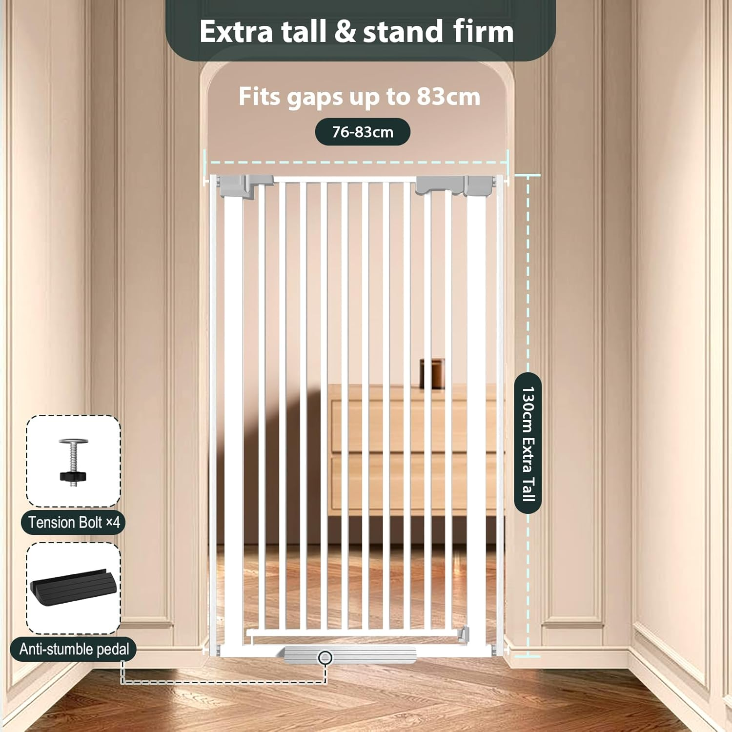 130Cm Extra Tall Cat Gate for Doorway, Auto Close Baby Gate Pet Barrier No Drill, 76-83Cm Widepressure Mounted Dog Gate Indoor(White) image number 5