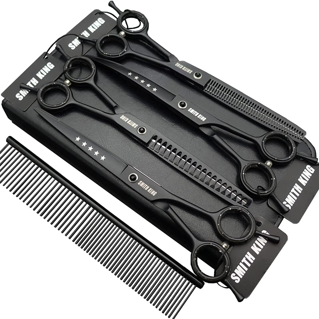 7.0 Inches Professional Dog Grooming Scissors Set Straight & Thinning & Curved & Chunkers & Comb 5Pcs in 1 Set for Left-Handed & Right Handed Black