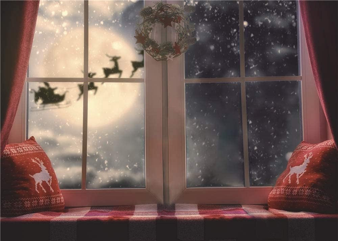 Christmas Photography Backdrops Winter Snowflake Pillow Window Photo Santa Moon Backdrops Xmas Holiday Party Decoration Studio Props Banner Vinyl 7X5Ft