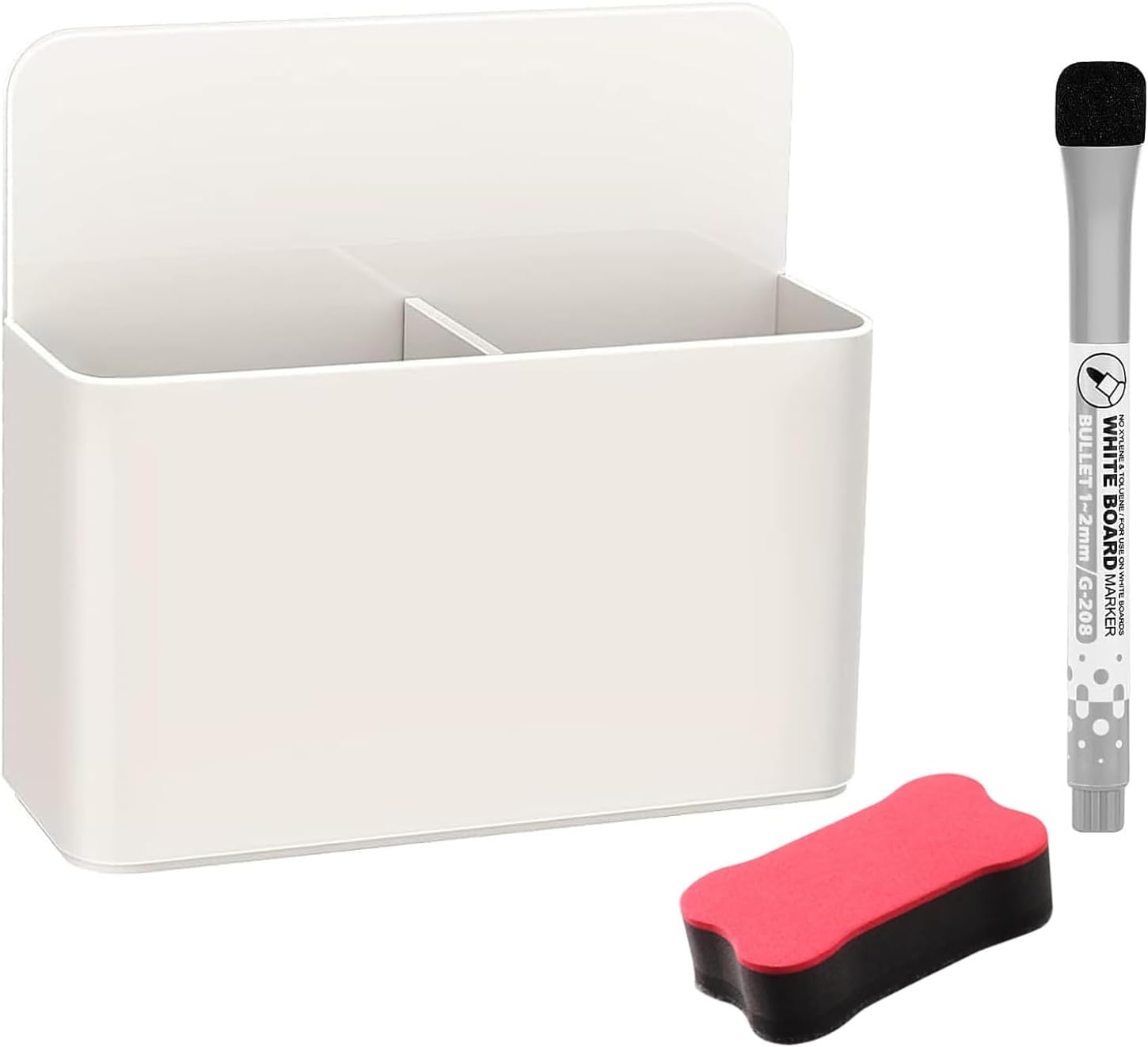 Dry Erase Pen Holder with 1 Pen and Eraser - Magnetic Holder for Fridge, Whiteboard, Locker - School, Office, Home (White) image number 1