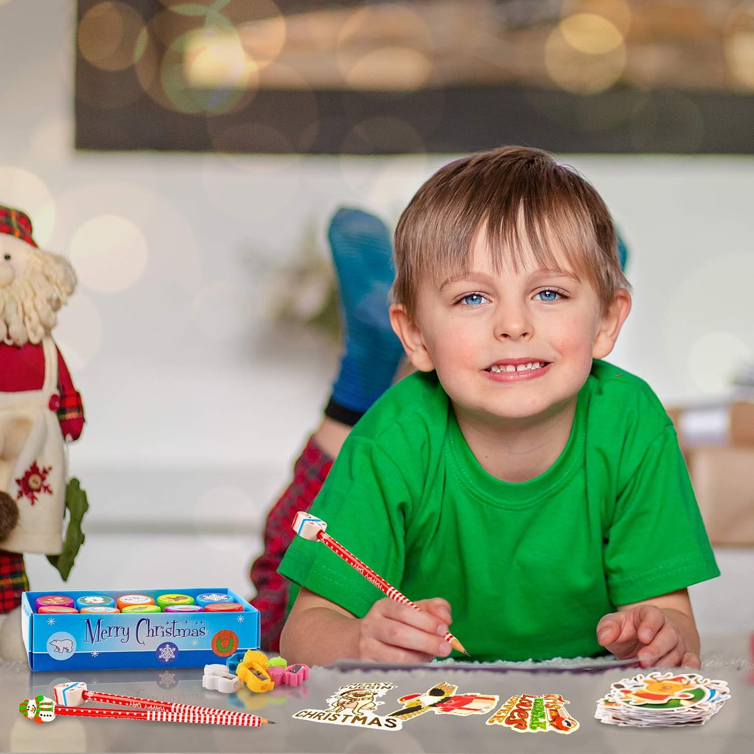 Whaline Christmas Stationery Collection 140 Set 40 Christmas Pencils with Eraser, 20 Christmas Stampers, 60 Xmas Stickers 52 Designs 20 Pencil Sharpeners Gift Party Favors Prize School Supplies image number 5