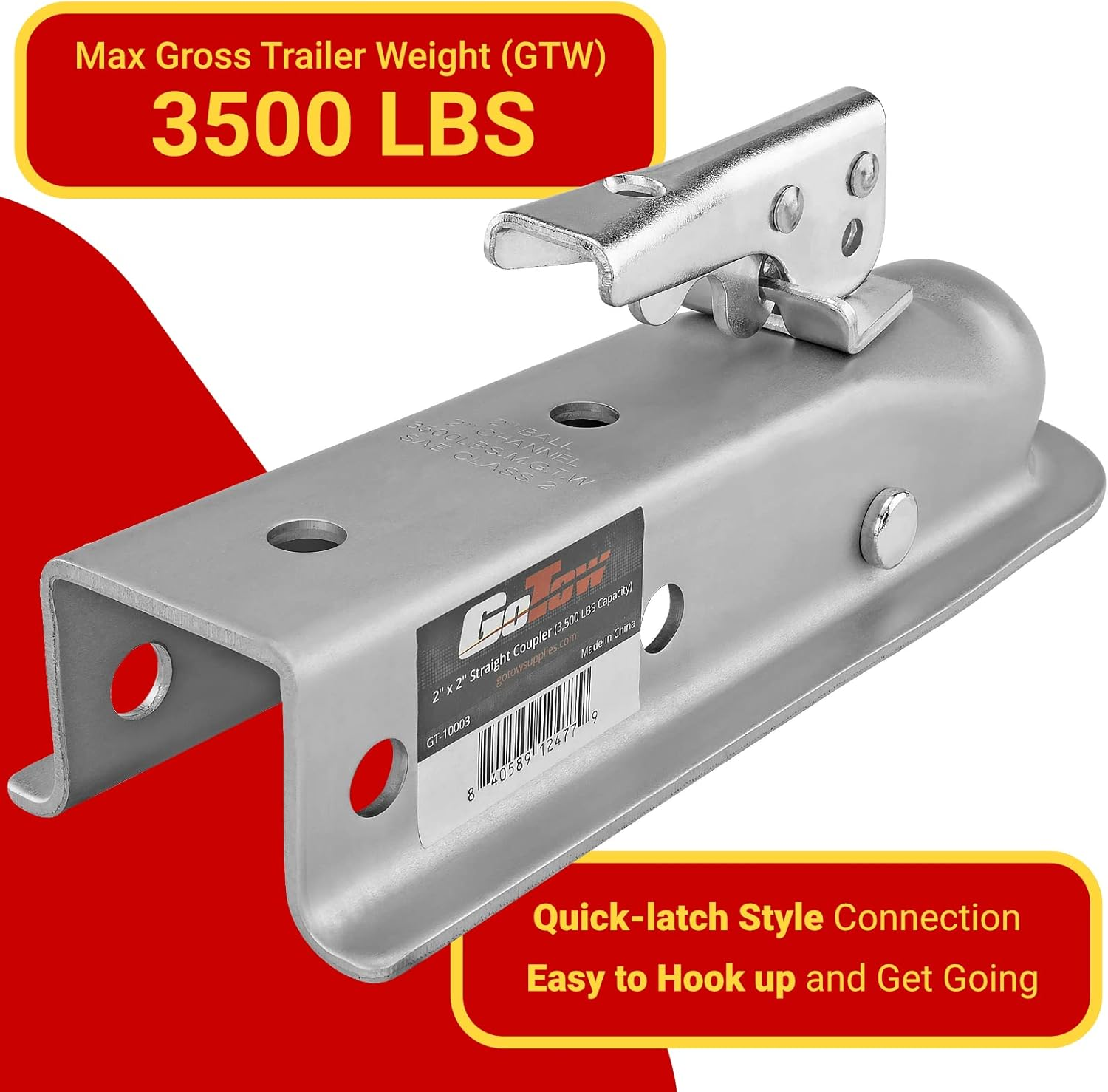 GT-10003 Silver 2" Hitch Ball 2" Channel Straight Coupler, Class 2-For Towing RV, Boat, Camper W/Gtw of 3500Lbs image number 3