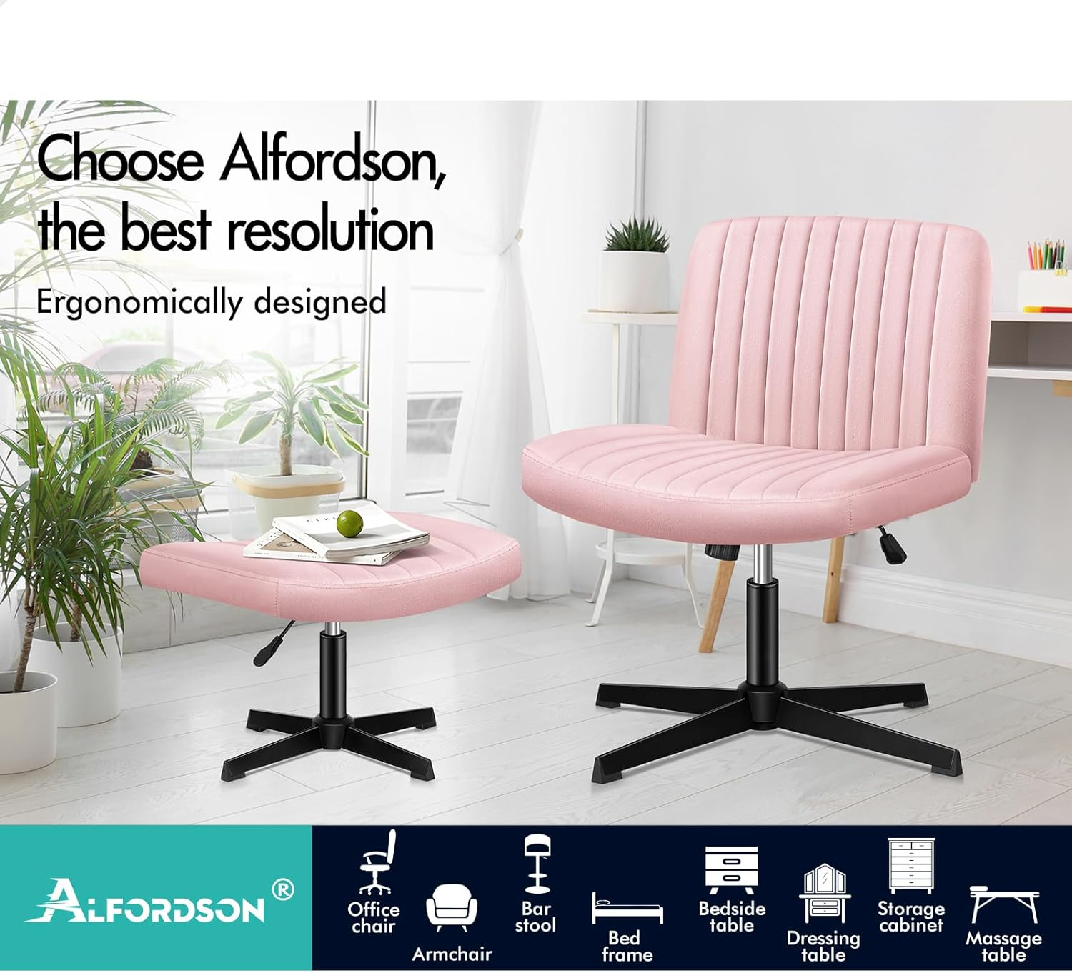 ALFORDSON Armless Criss-Cross Desk Chair with Ottoman Stool, Ergonomic Cross Leg Office Chair with Channel-Tufted Mid-Back Design, Tilt & Height Adjust and Swivel, 180Kg Max, Xavi Velvet Pink image number 4