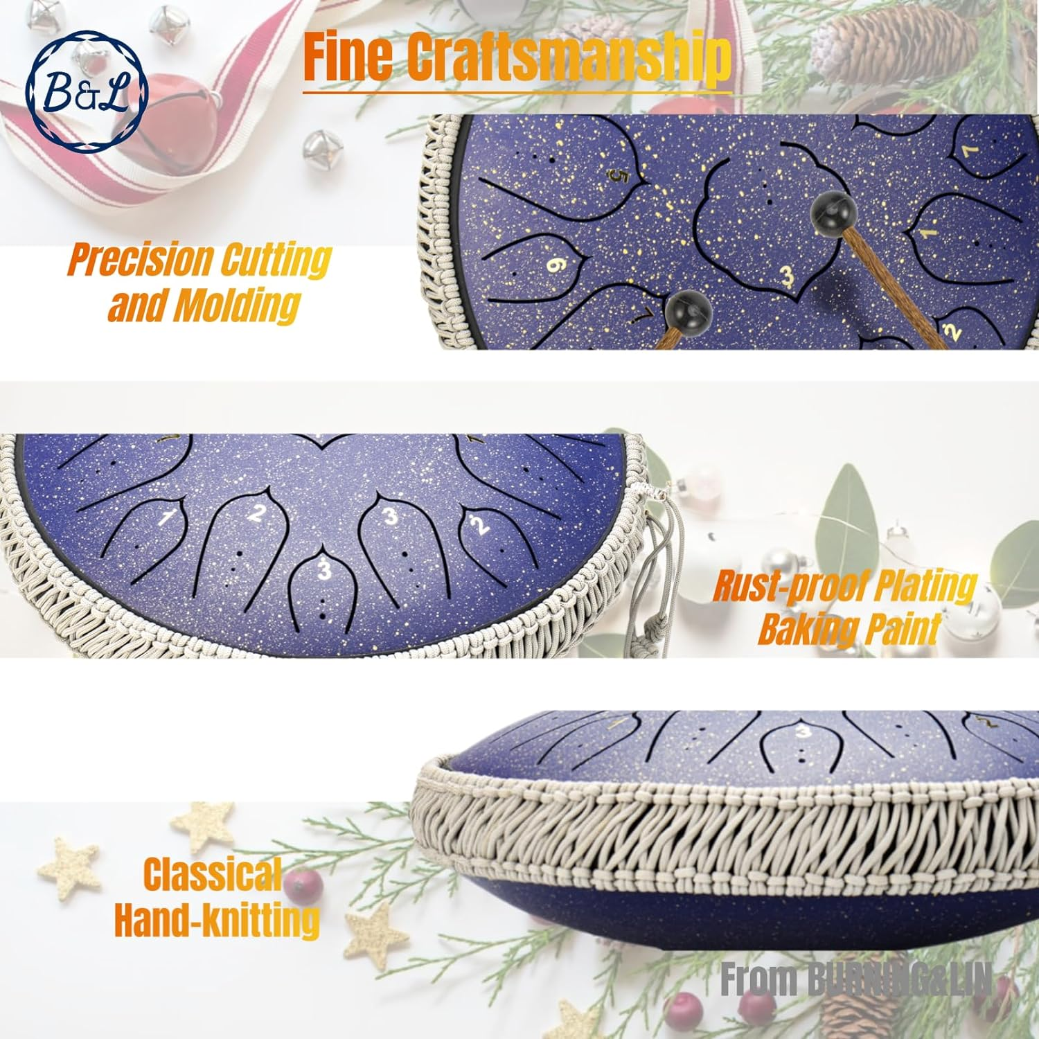 BURNING&LIN Steel Tongue Drum 15 Notes 14 Inches Handpan Drum Percussion for Meditation Yoga Musical Education for Adult& Kids (Purple) image number 6