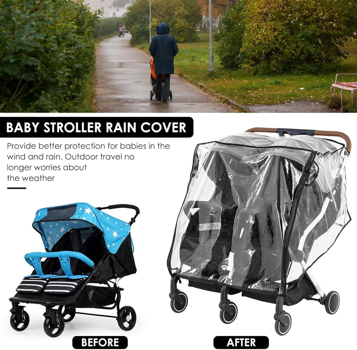 AIMALL Twin Baby Stroller Rain Cover - Universal Double Stroller Windshield & Rainproof Cover with Front Window, Ventilation, and Storage Pockets image number 2