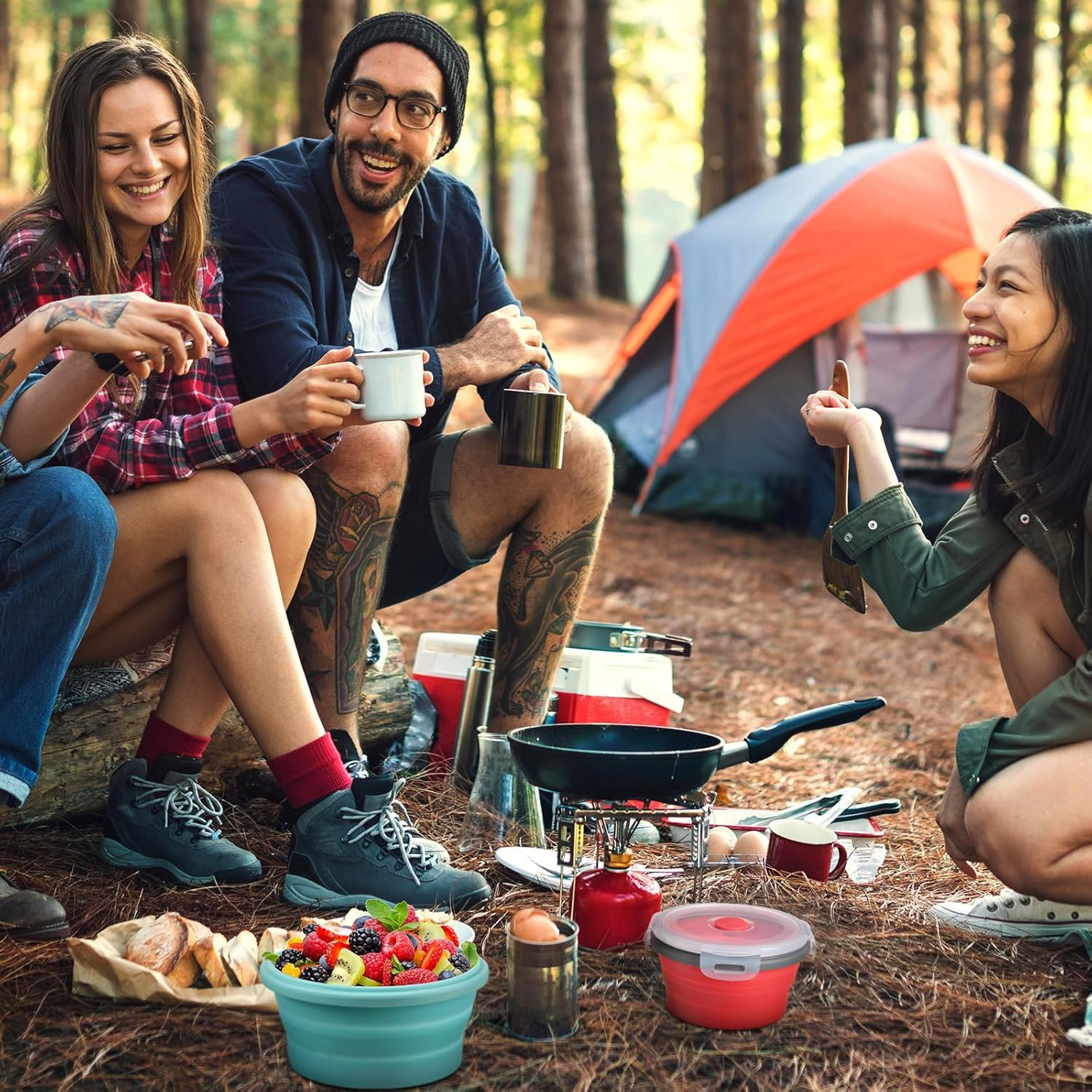 Suclain 4 Pcs Camping Bowl with Lid Collapsible Silicone Bowl Lunch Box Salad Bowl Expandable Food Storage Container Set Folding Travel Bowl for Hiking Heat (Red, Pink, Blue, Green,17, 12, 41, 27 Oz)