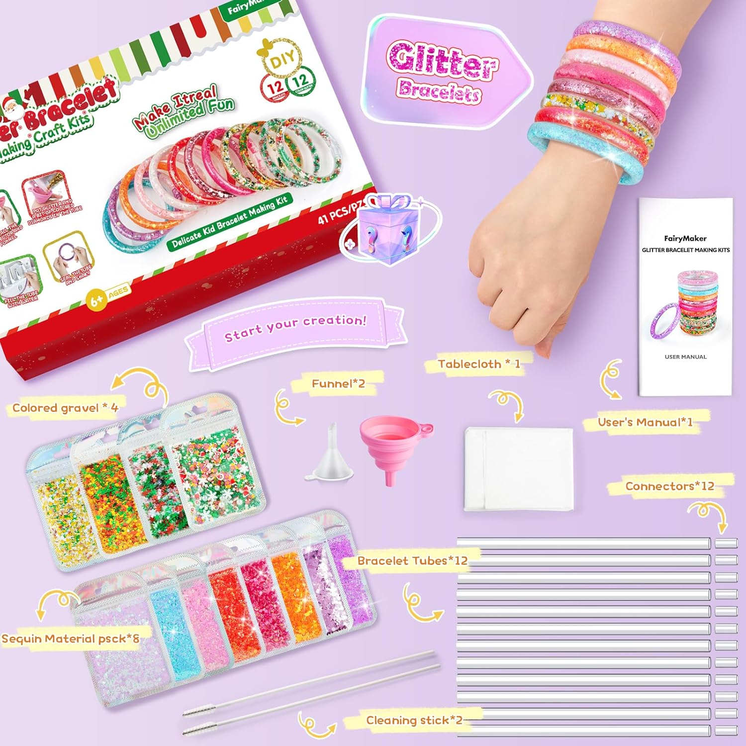 Fairymaker Glitter Bracelet Making Kit for Girls, DIY Arts and Crafts Kit with 12 Bracelets, 8 Glitter Colours, 4 Gemstone Types, Laser Sparkle Shapes for Kids&rsquo; Birthday, Children Gifts for Ages 6-12 (Christmas) image number 6