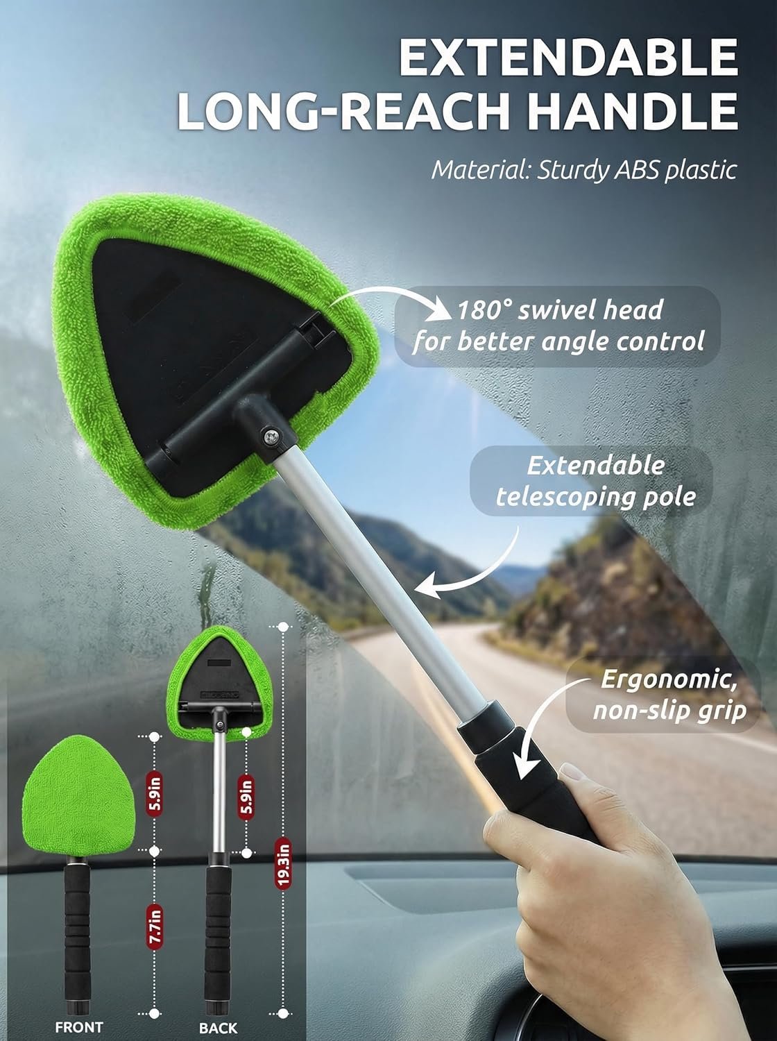 TAKAVU Car Window Cleaning Tool, Windshield Wiper Cleaner with Extendable Long-Reach Handle, 3 Washable Reusable Microfiber Bonnets, Car & Home inside Interior Exterior Use - Lint Free (Green) - Black  Red image number 4