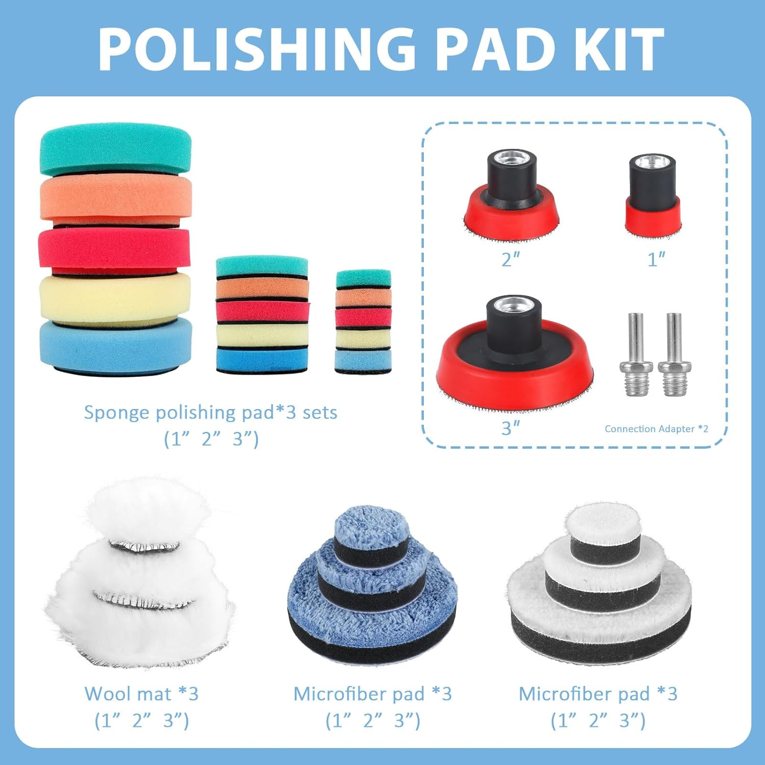 29Pcs Drill Polishing Pad Kit Reusable Buffing Polishing Pads 1/2/3Inch Washable Car Detailing Sponge Polishing Pads Woolen Buffing Pad Microfiber Polishing Pad with M14 Adapter image number 3