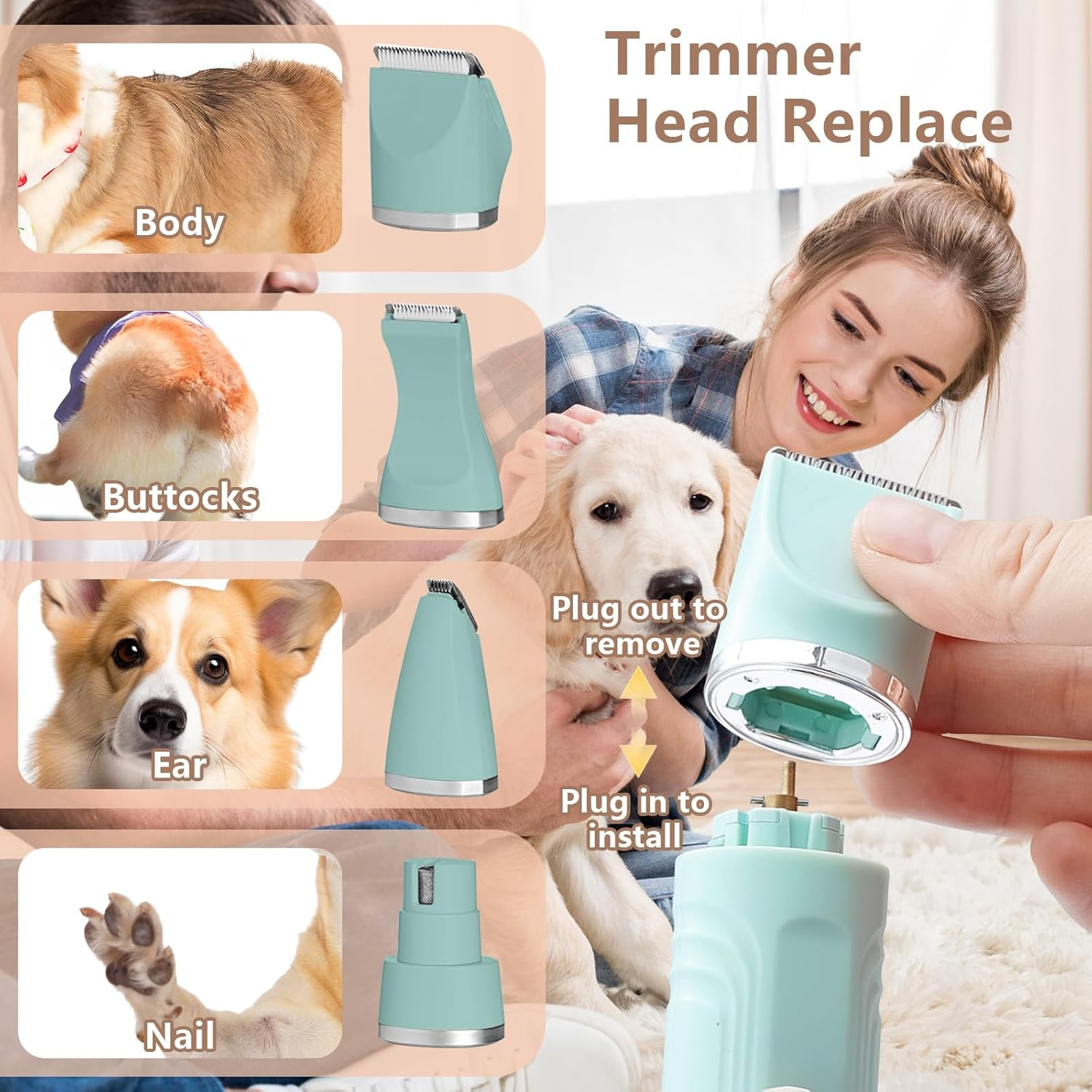 Grooming Kit, 4 in 1 Dog Clippers with 3 Cutter Head and Nail Grinder, Low Noise 55Db Paw Trimmer for Hair around Paws, Eyes, Ears, Face, Rump [4 Guide Combs] (Green) image number 4