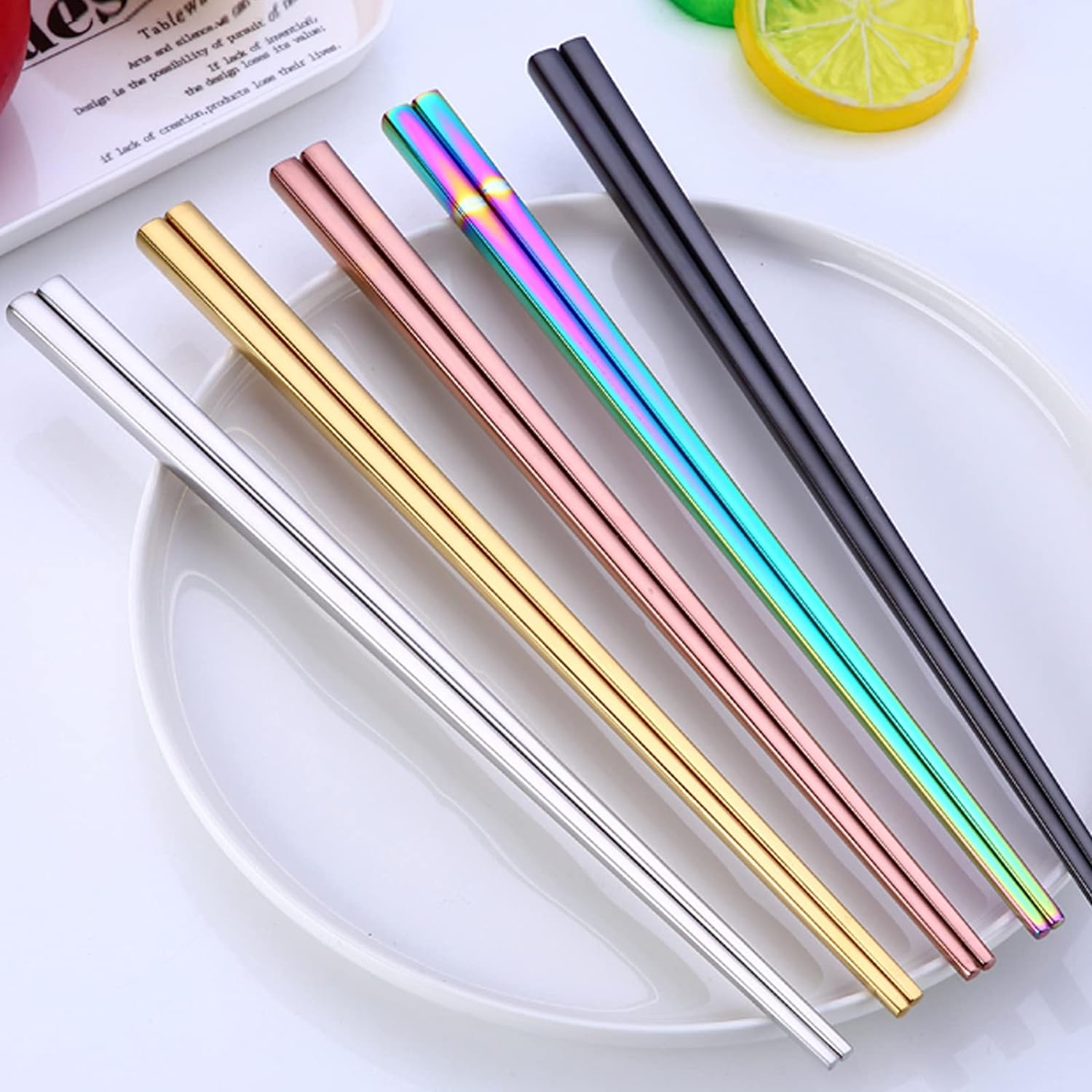 Stainless Steel Chopsticks - 5 Pairs Multicolor Reusable Dishwasher Safe Metal Chopstick - Lightweight Non-Slip 304 Stainless Steel Chop Sticks - Easy to Use and Clean (No Color Fading) image number 5