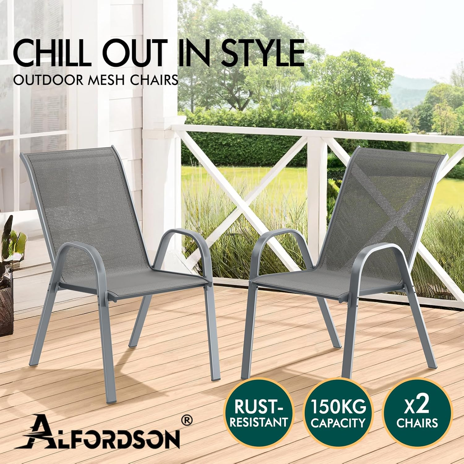ALFORDSON Outdoor Patio Bistro Chairs 2 Pcs Uv-Resistant PE Wicker, 2X Stackable Outdoor Lounge Chairs with Metal Frame for Conversation Set Coffee Table, Grey image number 1
