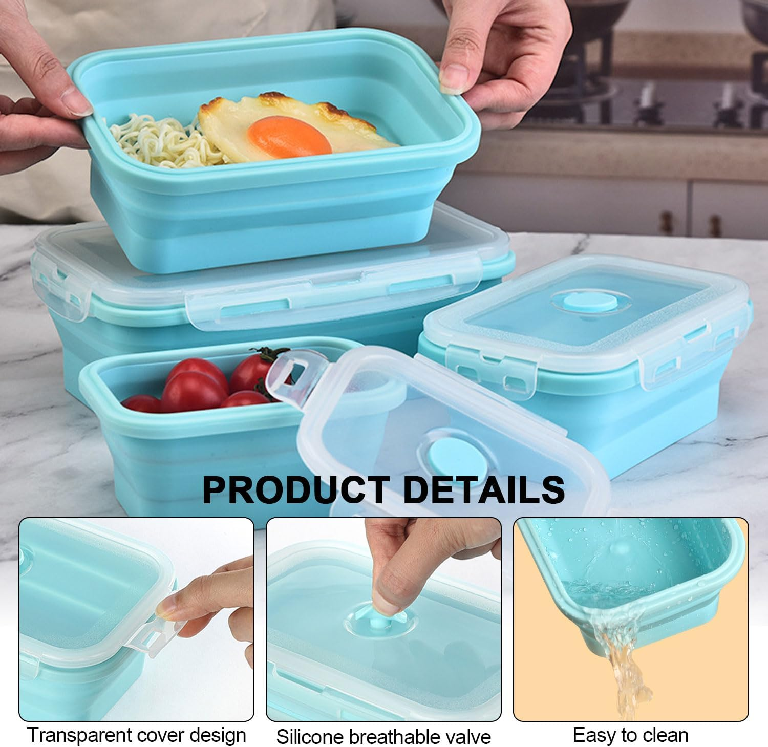 4-Pack Collapsible Food Containers, Silicone Storage Set with Lids, Silicone Lunch Bento Box, Microwave & Dishwasher Safe, 350/500/800/1200ML image number 5