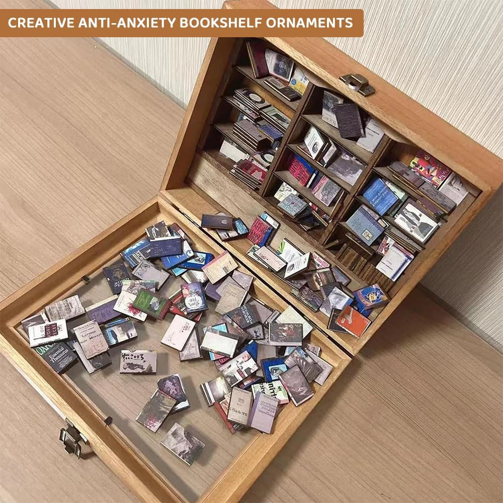 Shake Away Your Anxiety Bookshelf &ndash; Miniature Wooden Display Shelf with 200 Tiny Book Models, Anti-Anxiety Stress Reliever for Book Lovers, Unique Desk Decor for Home or Office image number 5
