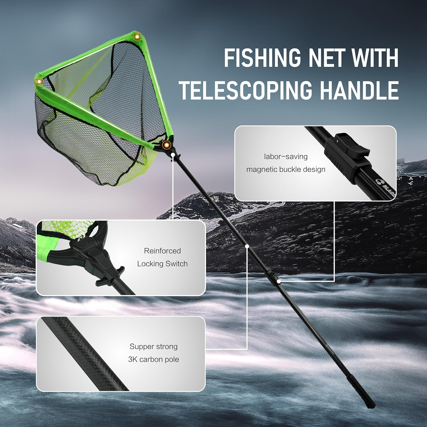 Black Paw Floating Fishing Net Foldable Telescopic Fish Landing Net Rubber Coated Fishing Net for Kayak, Fly, Trout, Fishing Net Freshwater Saltwater image number 2