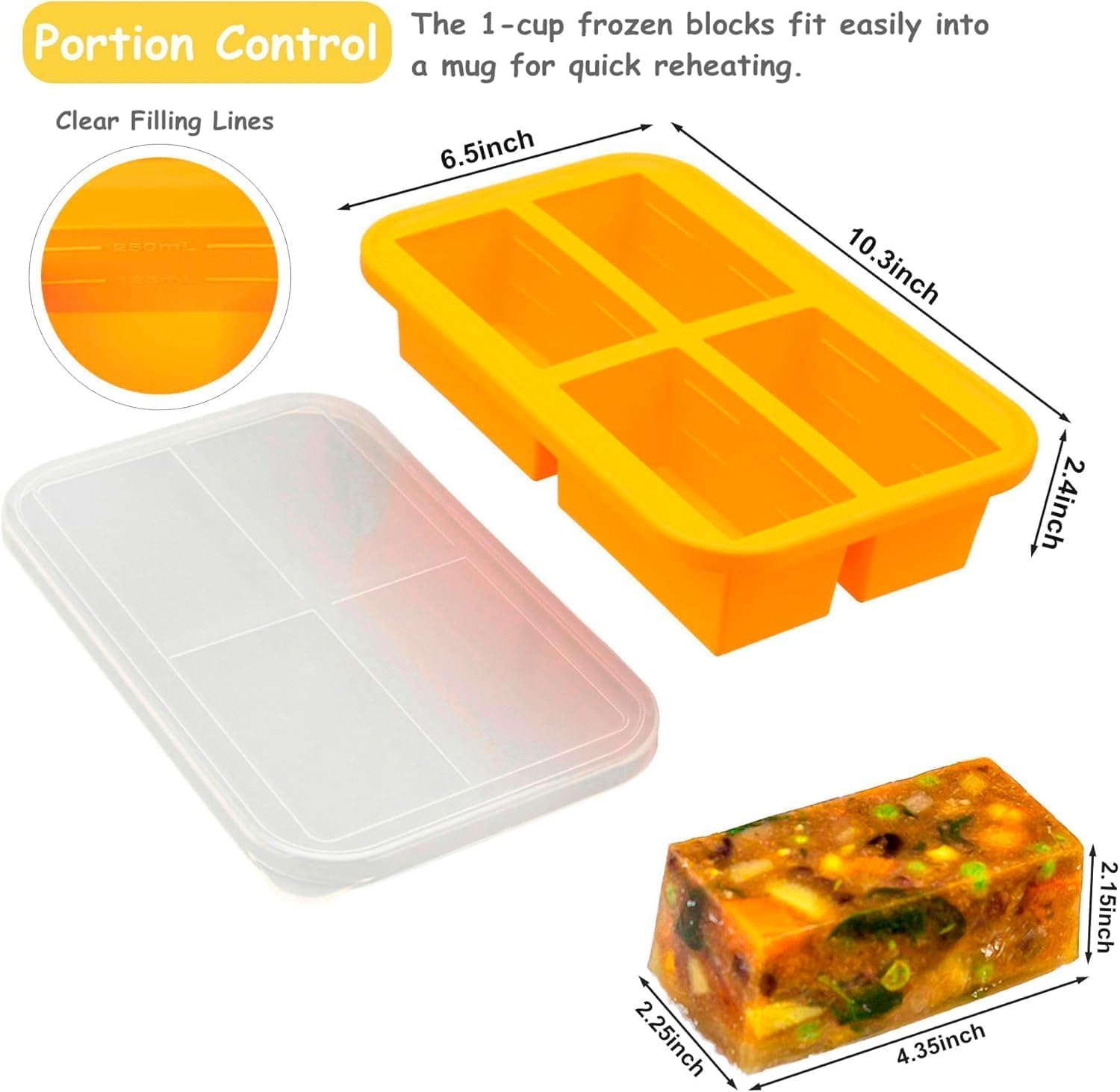 CIVPOWER 1-Cup Extra Large Silicone Freezing Tray with Lid,Silicone Soup Freezer Molds, Freezer Container,Freeze & Store Soup, Broth, Sauce, Leftovers - Makes 4 Perfect 1 Cup Portions (2) image number 2