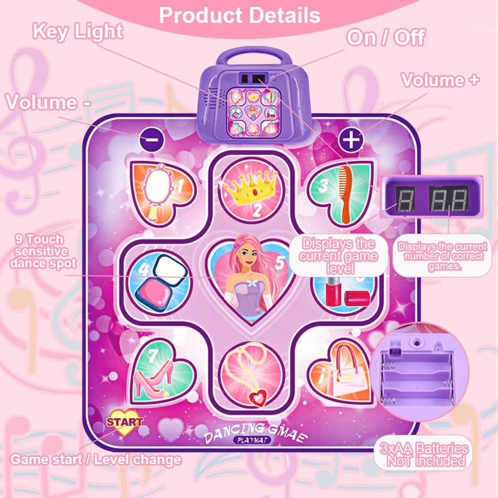 Dance Mat for Girls - Light-Up Musical Dance Pad with Music, 7 Fun Game Modes, Rechargeable & Portable, Kids Aged 3-12 Years (Pink) image number 3