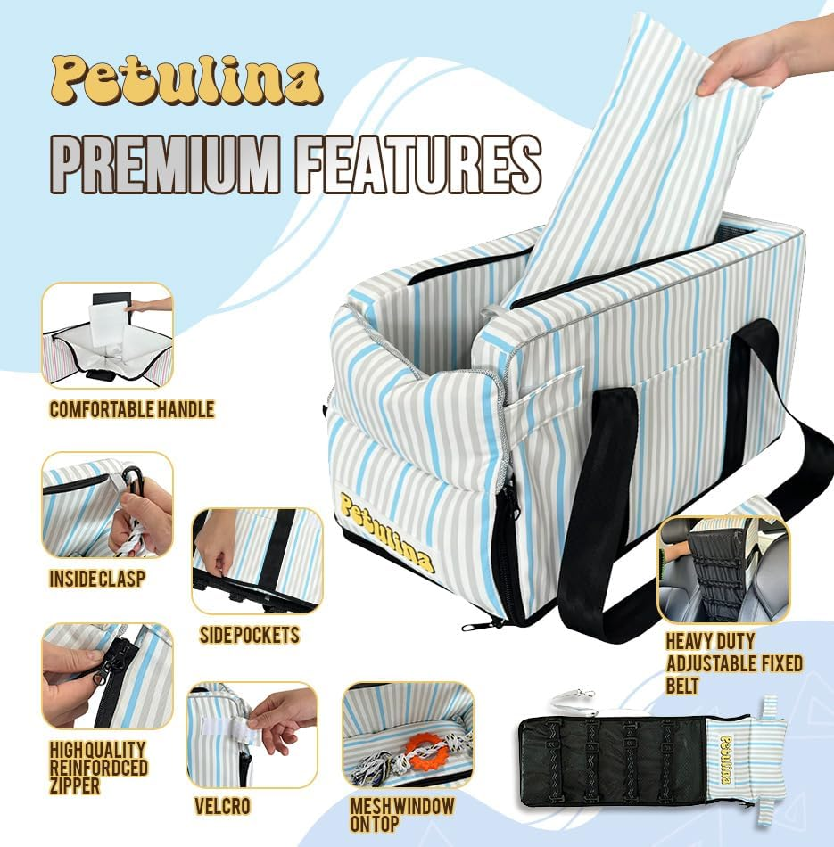 PETULINA Dog Car Seats for Small Dogs - Small Dog Car Seat - Travel Bags for Dogs and Cats Portable - Dog Booster Seat Washable - Car Armrest Included Safety Tethers Perfect Car Seat for Pets (Blue) image number 5