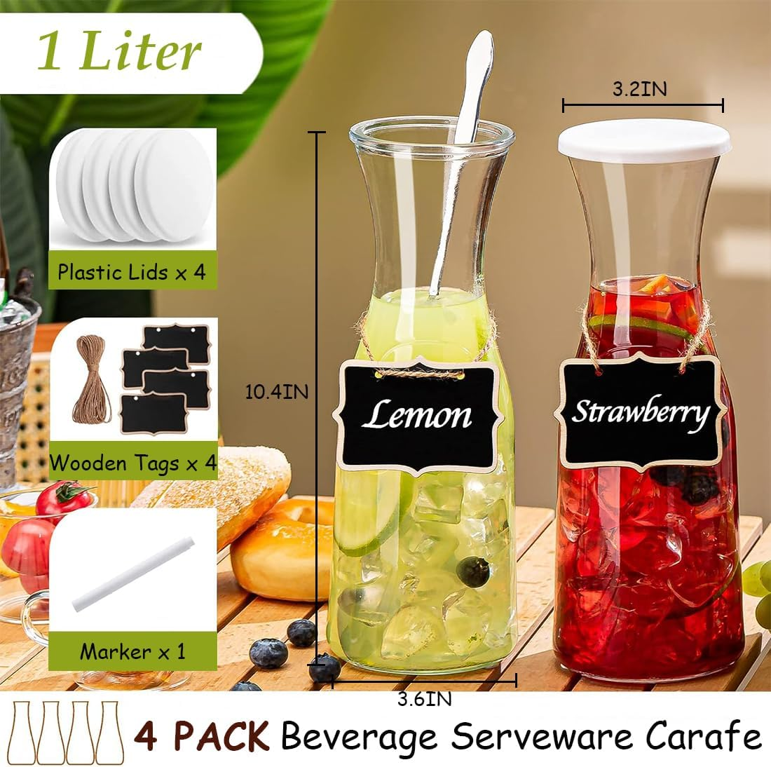 Set of 4 Glass Carafe with Lids, MUVKQC Glass Carafe Pitchers, 1 Liter Water Pitcher Carafe for Mimosa Bar, Brunch, Cold Water, Wine, Iced Tea, Lemonade, Beverage, 34OZ image number 2