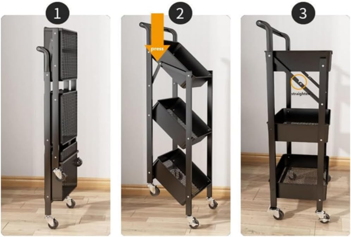 Foldable Storage Cart 3 Tier Rolling Cart with Wheels No Assembly Required Folding Metal Rack Organizer for Living Room, Kitchen, Bathroom, Bedroom and Office,Foldable Rolling Rack image number 5