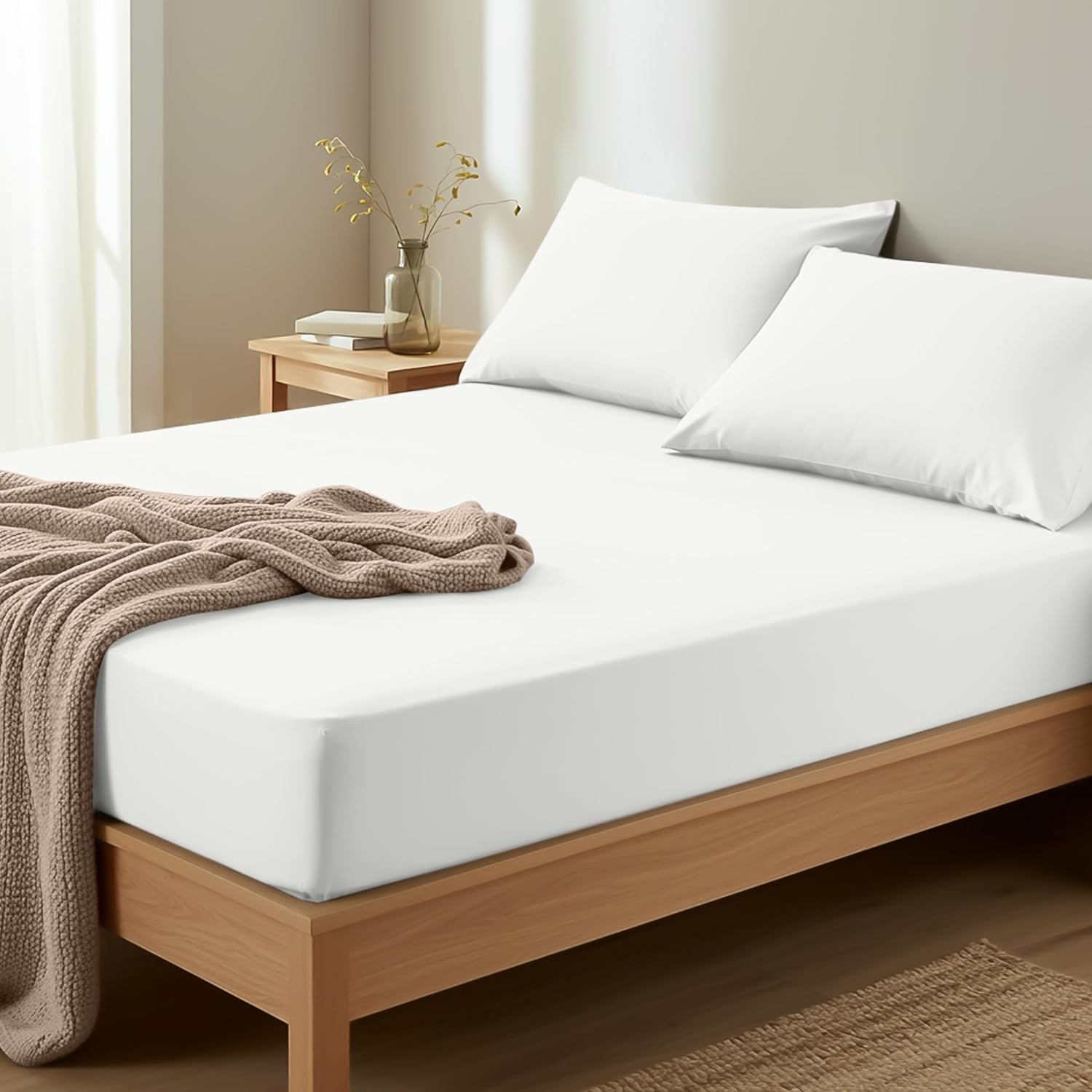 NY Threads Fitted Sheet with 2 Pillow Cases (50X75Cm) - Deep Pocket (35 Cm) (White, King)