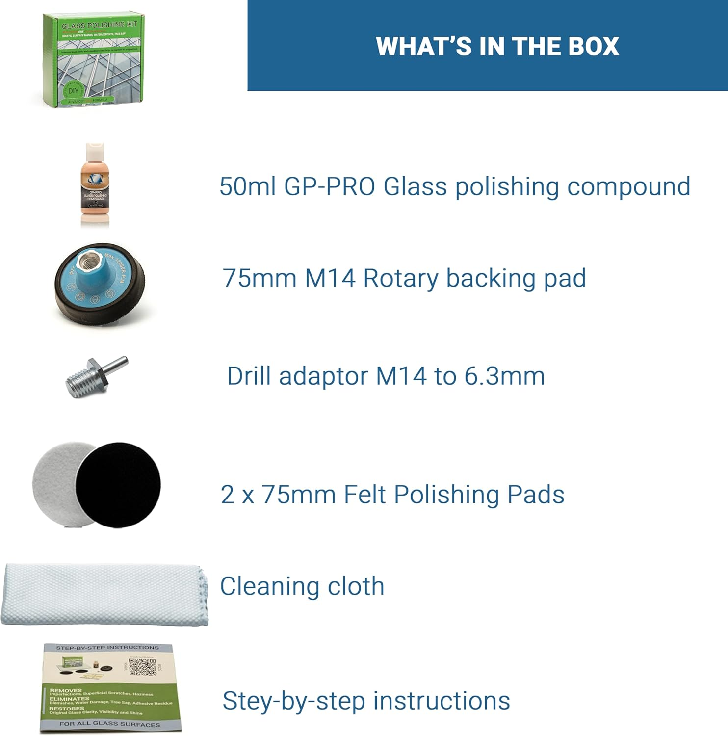 Glass Polish 21002 DIY Glass Polishing Kit for Do It Yourself Use on All Glass Surfaces - &Oslash; 75 Mm with Drill Attachment image number 1