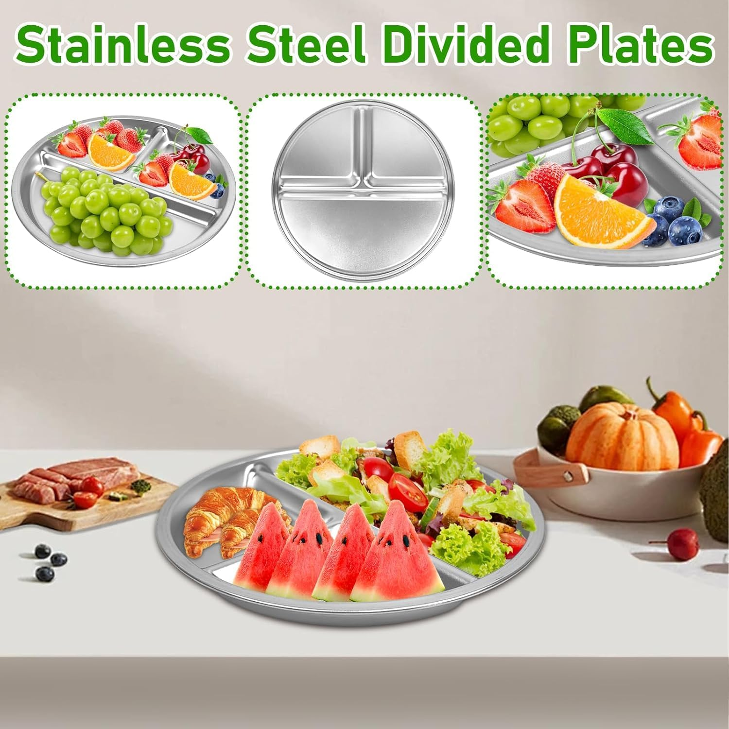 Stainless Steel Plates 5 Packs, Portion Control Platter with 3-Compartment, Unbreakable Dinner Plates, Divided Food Tray Stainless Steel Plate for Adults Kids, Camping, Lunch and Dinner image number 3