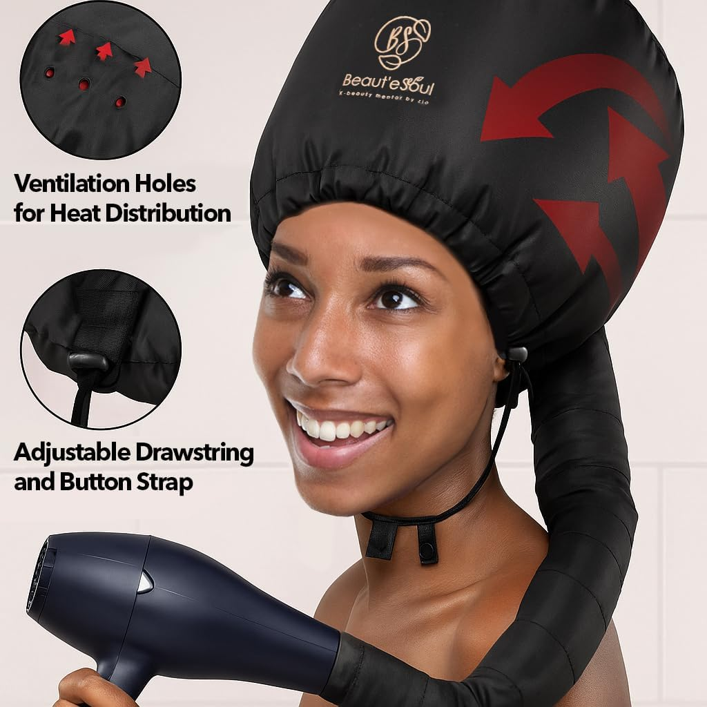 BEAUT'E SEOUL Soft Bonnet Hair Dryer Attachment - Upgraded Adjustable & Large Hood for Hand Held Dryers - Soft Blow Dryer Caps for Natural Curly Textured Hair Styling, Deep Conditioning & Fast Drying image number 1