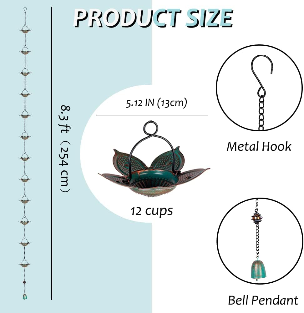 8.3 FT Lotus Rain Chain, Metal Rain Chains for Gutters with 12 Cups, Adjustable Rain Catcher Chain for Eaves Drainage, Replacement for Downspout, Outdoor Decor image number 3