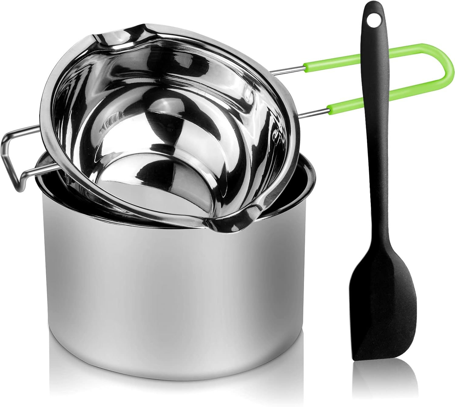 Double Boiler Pot Set, Stainless Steel Melting Pot with Silicone Spatula for Melting Chocolate, Soap, Wax, Candle Making (600Ml and 1600Ml,Green) image number 3