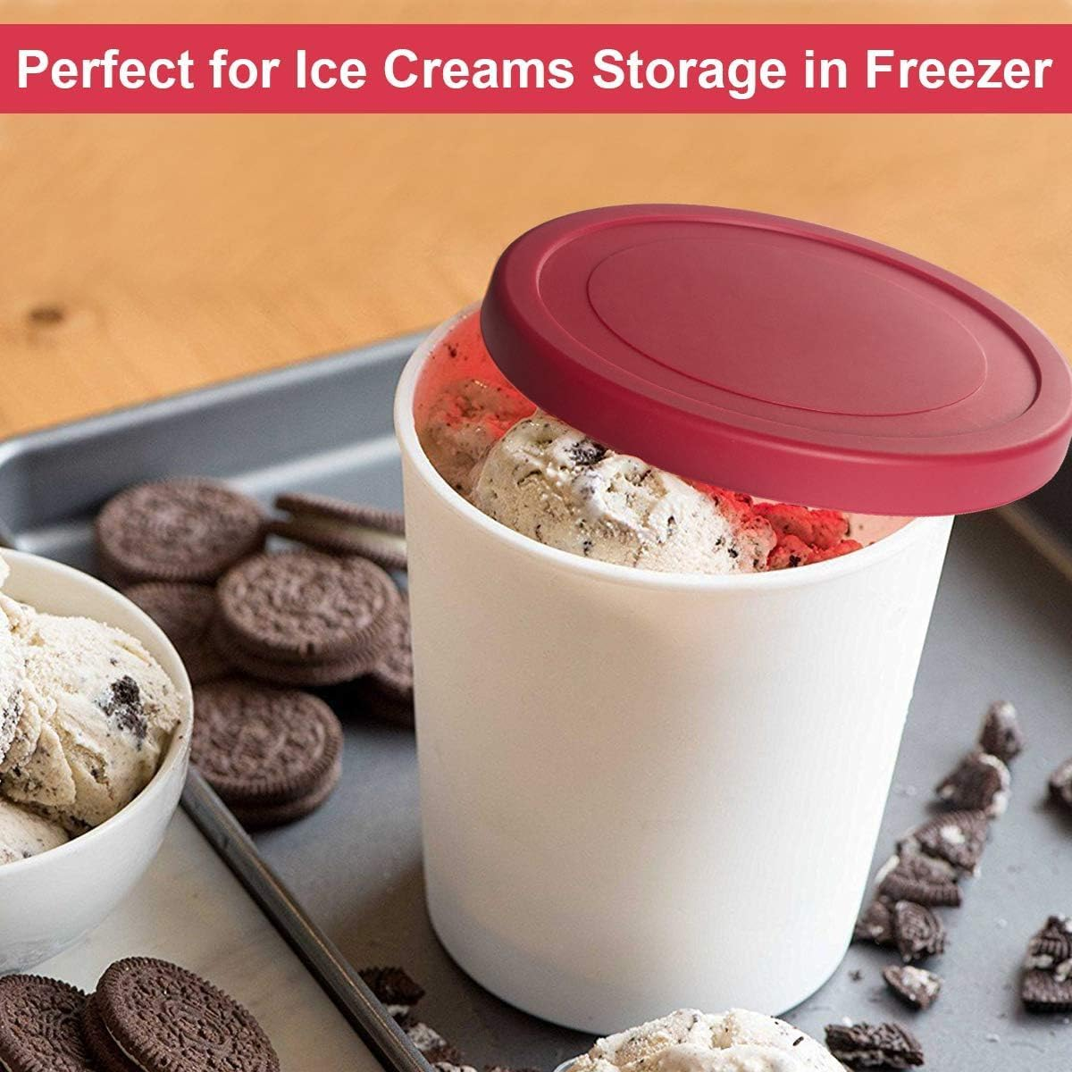 Cream Containers for Homemade Ice Cream (2 Pcs) - Reusable Ice Cream Storage Containers for Freezer - Leak-Free Ice Cream Containers with Silicone Lids (Green) - 1 L per Ice Cream Container image number 5