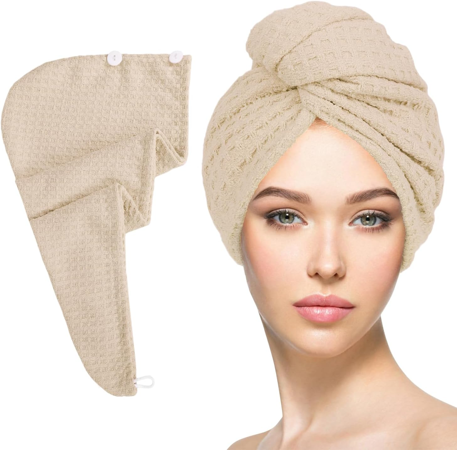 Microfiber Hair Drying Towel with Button 1Pack Khaki Waffle Long Hair Head Wraps Twist Plopping Curly Shower Turban Terry Cloth Fast Absorbent Dry anti Frizz Hair Wraps for Women Wet Hair - 2 Pack Pink image number 2