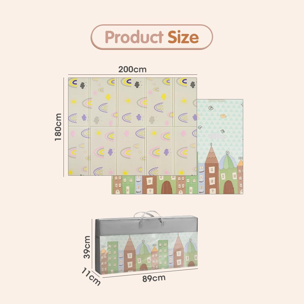 Playpals 200&times;180CM Foldable Baby Play Mat, Double-Sided Waterproof Playmat for Babies, Toddlers & Infants, Reversible Baby Mat with Travel Bag, Indoor and Outdoor Use, Rainbow+Tall Buildings image number 4