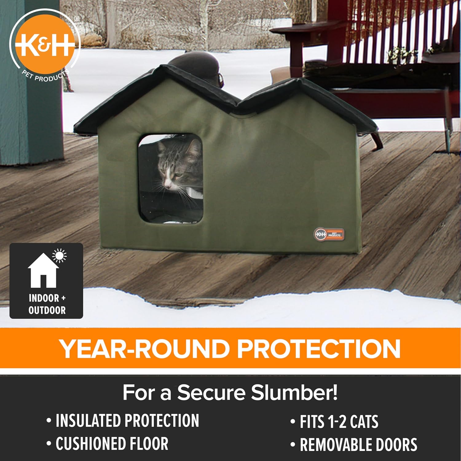K&H Pet Products Outdoor Cat House Extra-Wide Unheated Olive 26.5 X 15.5 X 21.5 Inches image number 1