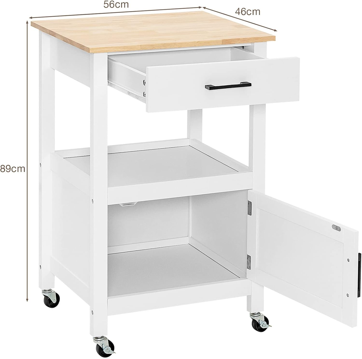 Giantex Small Kitchen Island Cart on Wheels, Rolling Kitchen Island W/Rubber Wood Top, Large Drawer, 3 Hooks, Open Shelf, Door Cabinet, Suitable for Kitchen & Dining Room, White