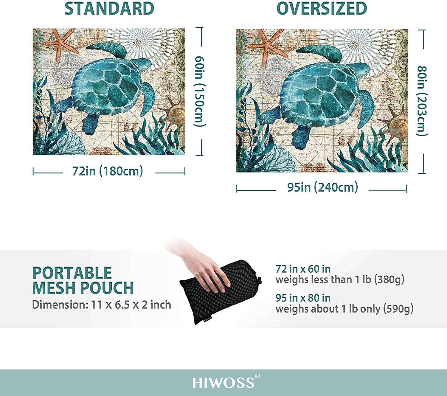 Beach Blanket Waterproof Sandproof Oversized 95&rdquo;X 80&rdquo;,Sand Free Beach Mat with Corner Pockets,Portable Mesh Bag for Beach Festival,Picnic,Travel and Outdoor Camping (Seaturtle) image number 6