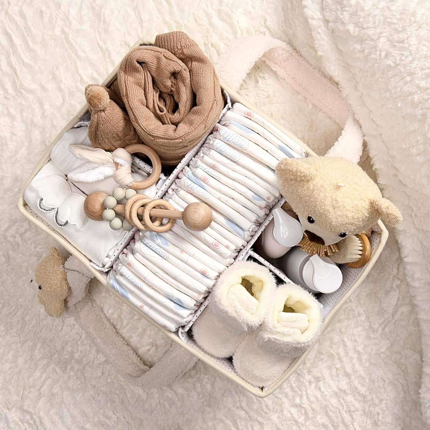 Baby Diaper Caddy Organizer with Handle - Portable Sherpa Nursery Basket - Car Diaper Organizer, Cleaning Caddy, Baby Shower - Ivory
