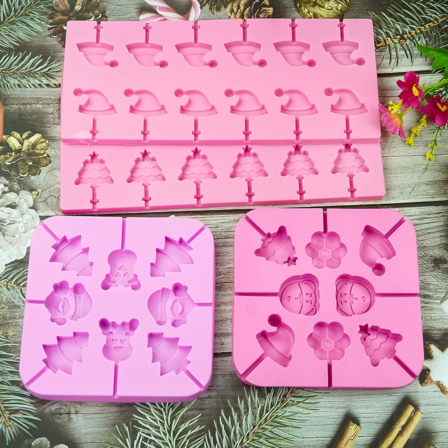 Jhylilia 304Pcs Christmas Lollipop Molds, Pink Silicone Candy Molds with Lollipop Sticks, Treat Bags & Twist Ties image number 1