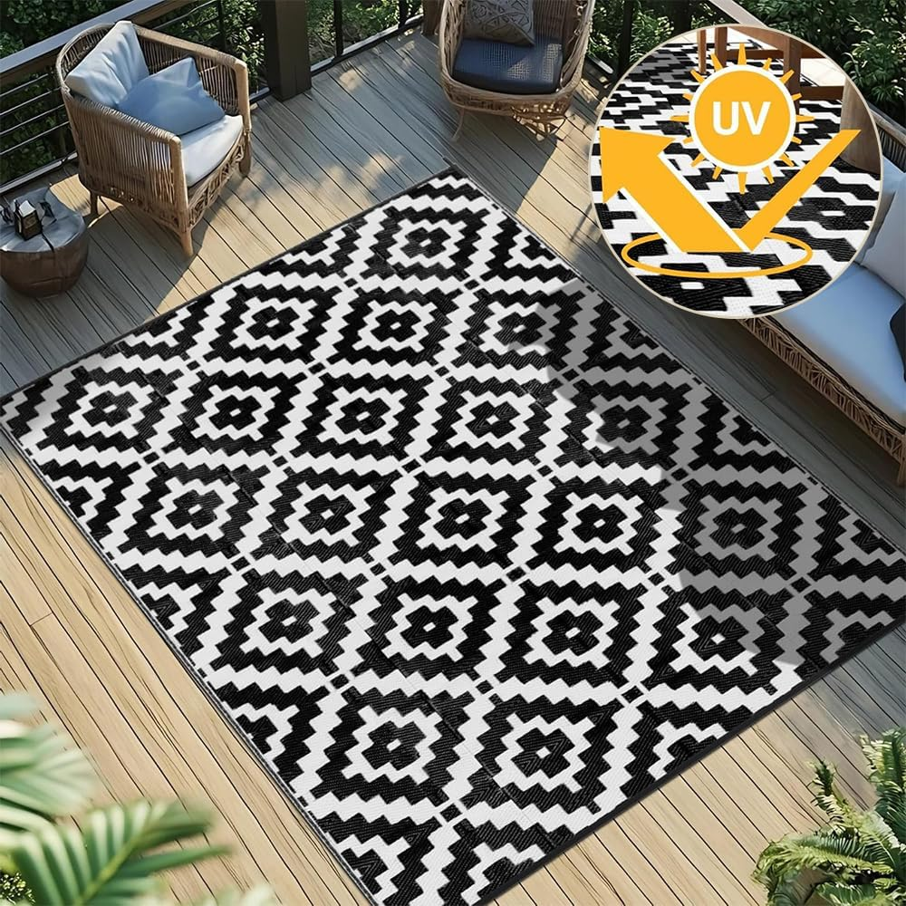 5X6 Ft Reversible Outdoor Rug, Waterproof Plastic Straw Mat for RV, Patio, Deck, Balcony, Camping, and Beach, Durable & Portable Carpet for Backyard or Porch (Black and Beige)