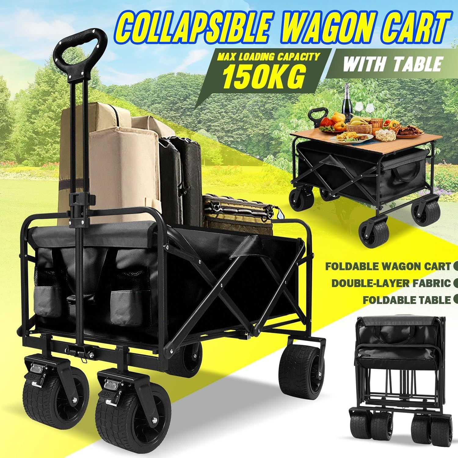 Folding Wagon Cart Collapsible Wagon with All-Terrain Wheels for Beach Picnic Garden Utility Trolley Trailer Barrow Market Grocery Shopping Sports Outdoor Camping Luggage Collapsible 150Kg - 43.5 X 40.5 X 100.5 Cm image number 7