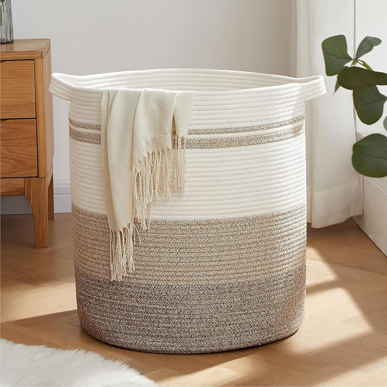 Woven Cotton Rope Laundry Storage Basket with Handles, round Hamper for Pillow, Clothes, Blanket,Toys, 45 * 45 * 50Cm White Yellow image number 4