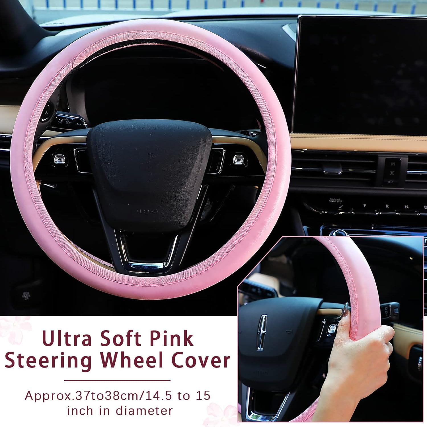 Frienda 10 Pcs Leather Steering Wheel Cover Set for Women 14.5-15 Inch Car Accessories with Seat Belt Shoulder Pad Seatbelt Cover Cup Holder Start Button Ring Sticker Air Vent Clip(Pink) - Pink image number 2