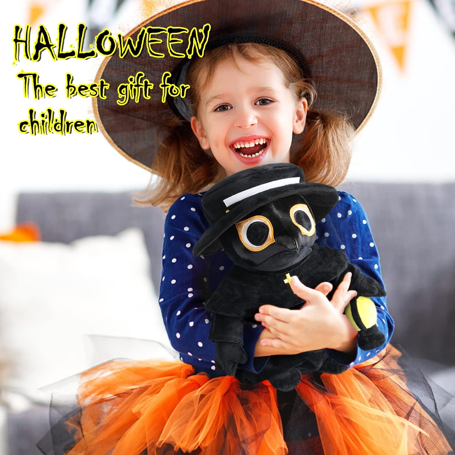 Plague Doctor Plush Toy, 14" Spook Cute Stuffed Plushie Pillow Doll, Soft Fluffy Halloween Hugging Cushion Decor, Present for Kids and Adults